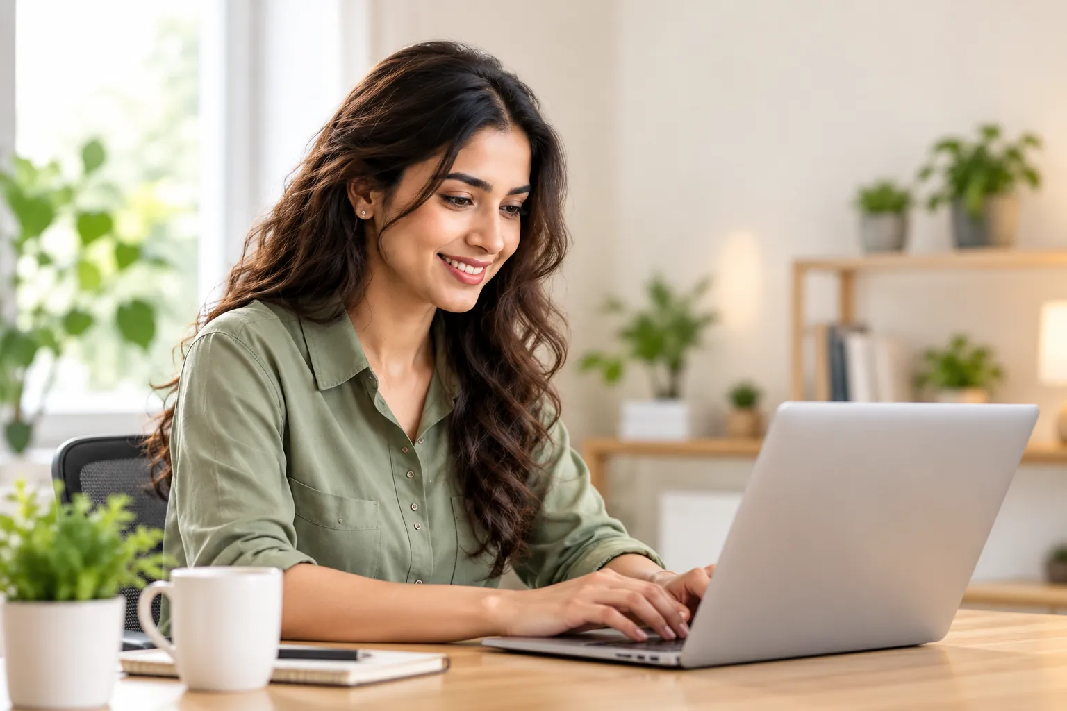 A website creator working on her laptop at a bright desk